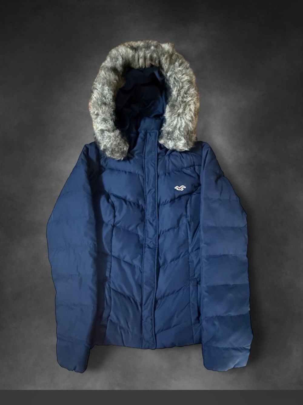 Hollister Dark Blue Quilted Puffer Jacket with Faux Fur Hood
